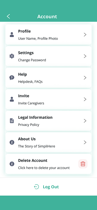 Account Screen SimpliHere account screen